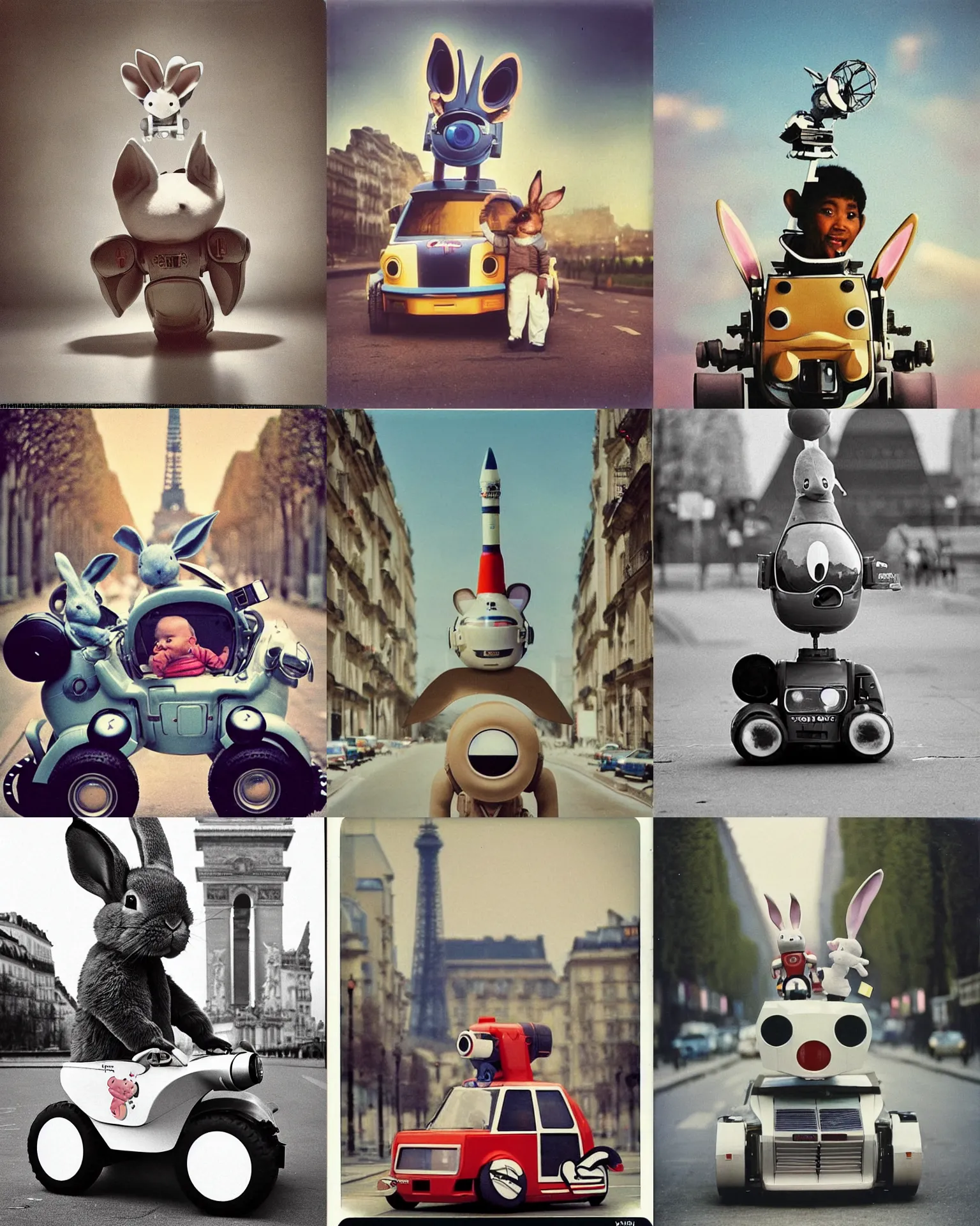 Prompt: 1986!! epic pose!!! googly eyed giant oversized rocket battle rabbit robot chubby mech baby sport car with giant oversized ears and rabbit babies , in paris , full body , Cinematic focus, Polaroid photo, vintage , neutral dull colors, soft lights, foggy sunset , by oleg oprisco , by national archives, by discovery channel, by victor enrich , by gregory crewdson