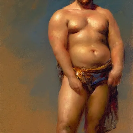 Image similar to a man with a flabby body type, painting by Gaston Bussiere, Craig Mullins