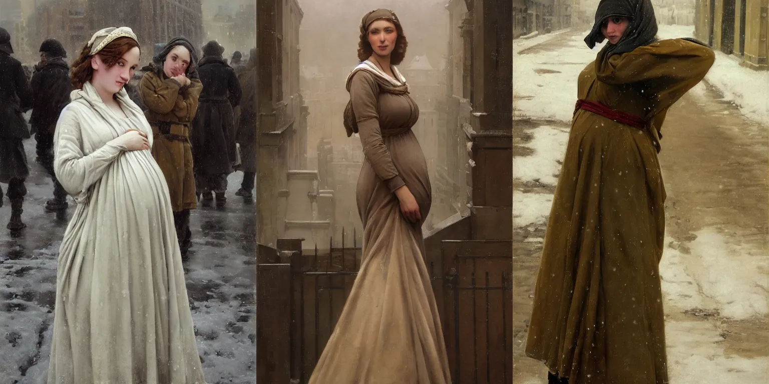 Prompt: full-length portrait of a pregnant woman on the street of besieged Leningrad by Edmund Blair Leighton, Brom, Charlie Bowater, trending on artstation, faces by Tom Bagshaw, Sargent, historically reliable photo chronicle, winter 1941, oil on canvas, cinematic, hyper realism, dramatic lighting, high detail 4k
