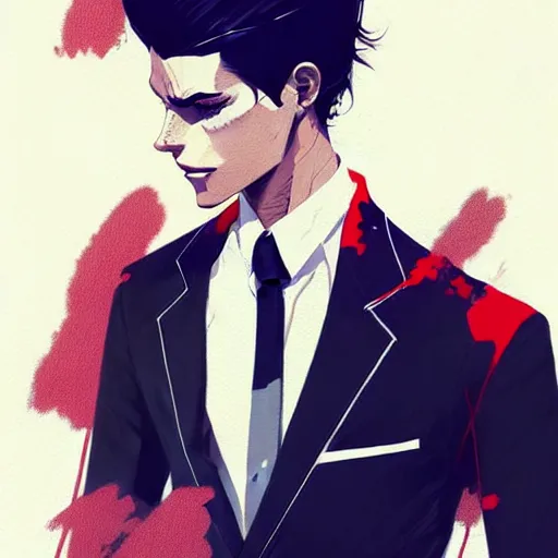 Image similar to a ultradetailed portrait painting of a stylish man wearing suit outfit, by conrad roset, greg rutkowski and makoto shinkai trending on artstation