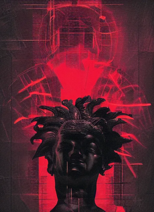 Image similar to dark design poster showing a close up of a statue of achilles, black background with very subtle red and purple design elements, powerful, nekro, vito acconci, thin straight lines, dark, glitch art, neo vaporwave, gritty, layout frame, square, extremly detailed, trending on artstation