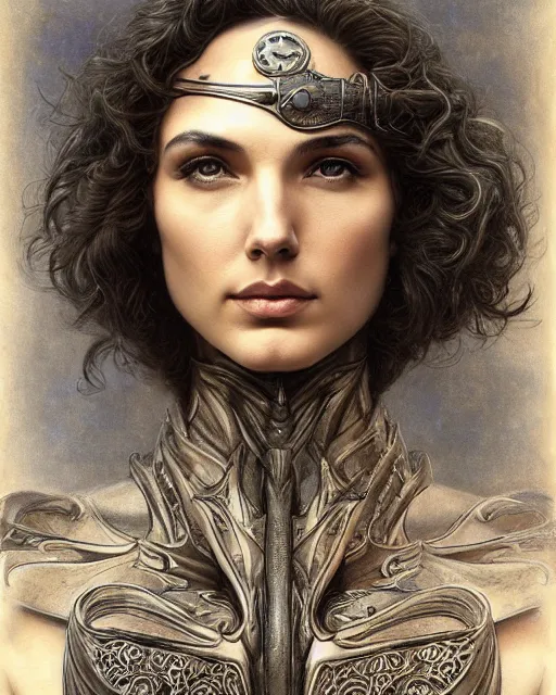 Image similar to matte painting portrait shot, beautiful gal gadot, steampunk, detailed and intricate by jean delville, gustave dore and marco mazzoni, art nouveau, symbolist, visionary, gothic, pre - raphaelite