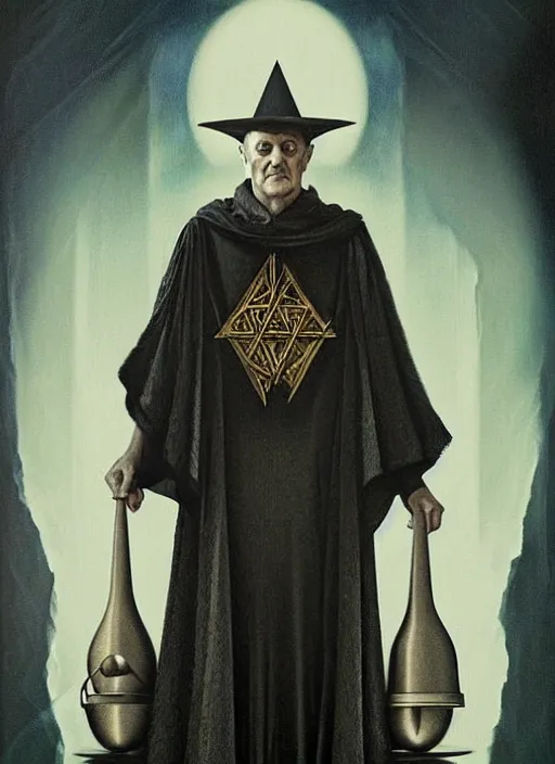 Image similar to pedro pascal as aleister crowley the grand mage of thelema. art by tom bagshaw and greg danton and manuel sanjulian