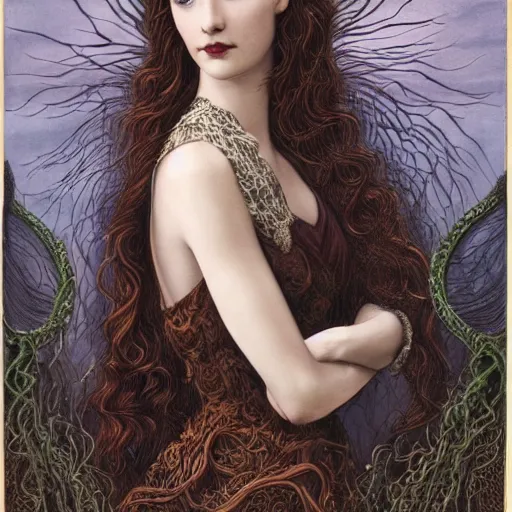 Image similar to facial portrait of a young pretty woman in flowing dress, arrogant, mysterious, long fine flowing hair, delicate, looking at camera, slightly awkward smile, realistic face, hands behind back, intricate, stylish, elegant, grimdark fantasy, flowers, art nouveau, extremely detailed painting inspired by Gerald Brom and Ernst Haeckel and Kaluta