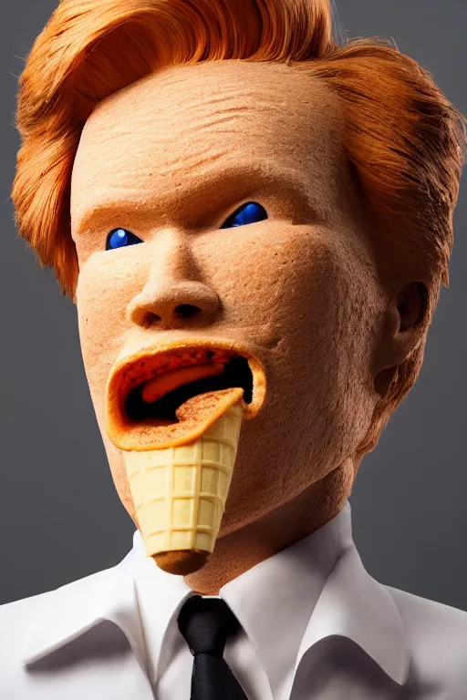 Image similar to 📷 conan o'brien the ice - cream cone 🍦, made of food, still image, dynamic lighting, 4 k