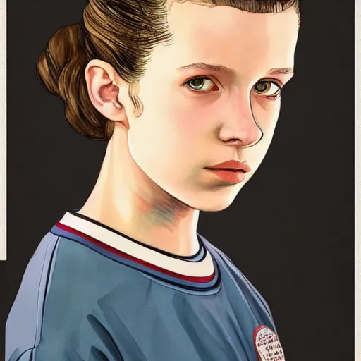 Prompt: beautiful side portrait of Eleven from Stranger things by martine johanna, artstation winner,figurativism!!!!, portrait, lines!!!!,