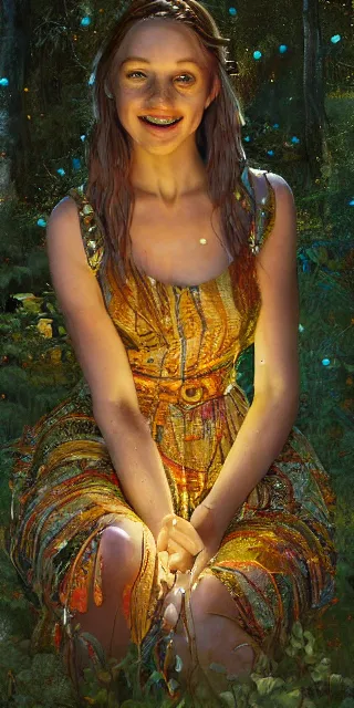 Image similar to a totally amazed smiling pretty woman surrounded by golden firefly lights in a mesmerizing scene, sitting amidst nature fully covered! intricate detailed bohemian outfit, long loose red hair, precise linework, accurate green eyes, small nose with freckles, beautiful smooth oval head, expressive emotions, hyper realistic ultrafine portrait by artemisia gentileschi, jessica rossier, greg rutkowski