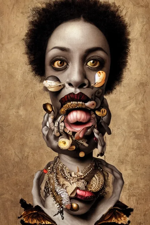 Image similar to Detailed maximalist portrait with dark skin, with large lips and with large white eyes, exasperated expression, HD mixed media, 3D collage, highly detailed and intricate, surreal illustration in the style of Caravaggio, dark art, baroque