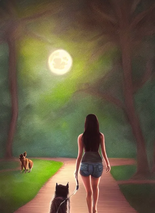 Image similar to young beautiful brown woman walking with her dog in a park in Merida Mexico at night with a full moon, illustration, photoreal, fantasy, trending. masterpiece work of art . oil on canvas. Digitally painted. Realistic. 3D. 8k. UHD.