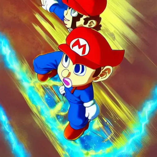 Image similar to anime art of mario going super - sayan, full - body art, fantasy art, dnd, super mario, art by akira toriyama, very beautiful fantasy art, bright colors, final fantasy, graceful, elegant, trending on artstation, intricate details, matte painting, organic painting, bold shapes, street art, akira toriyama