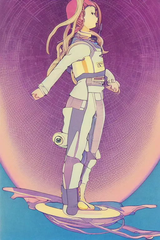 Prompt: full body portrait of a girl floating in a spacestation, yuya nagai, last exile, blue submarine no. 6, loish, murata range, kawaii, studio lighting, anime, manga, vibrant bright colors, japanese, 1980s, beautiful, dreamy, alphonse mucha, gradation, jean giraud, high saturation, fantasy, klimt