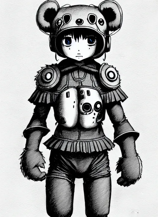 Image similar to beautiful little boy wearing an cyborg bear suit, artwork in kentaro miura and made in abyss and rosdraws, smooth, beautiful lightness, anatomically correct, trending on pixiv, forest