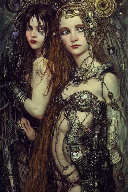 Image similar to portrait of beautiful young gothic maidens, cyberpunk, Warhammer, highly detailed, artstation, illustration, art by Gustav Klimt