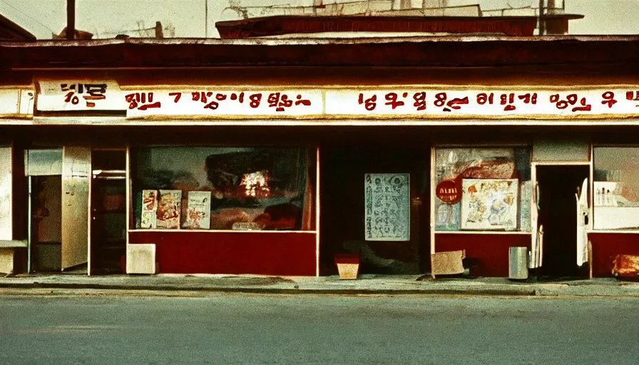 Image similar to 70s movie still of north korean restaurant, eastmancolor, heavy grain, high quality, higly detailed, liminal space