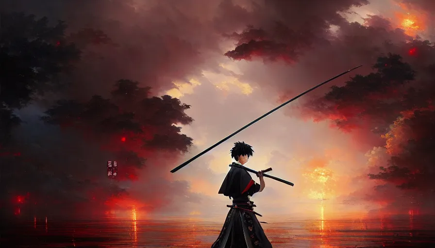 Image similar to baroque oil painting of key visual samurai war, rain, storm, fake detail, trending pixiv fanbox, acrylic palette knife, style of makoto shinkai takashi takeuchi yoshiyuki sadamoto greg rutkowski chiho aoshima, artstation