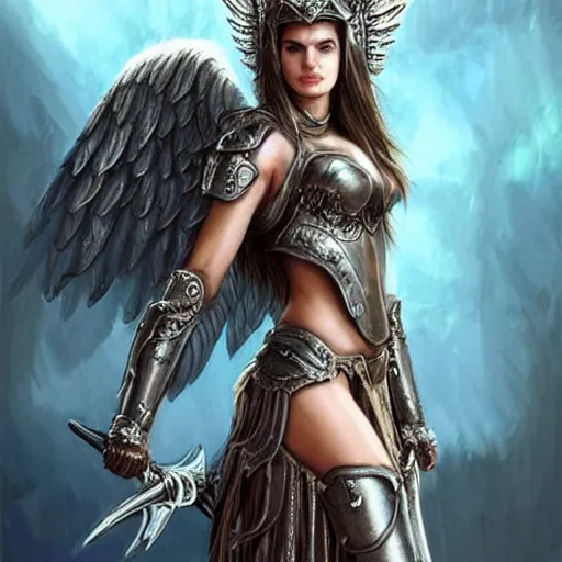 Image similar to beautiful young aasimar angel valkyrie warrior girl maiden wearing comfy leather armor with beautiful feathered angel wings, blue eyes, beautiful face, Alessandra Ambrosio, Natalie Portman, Emily Ratajkowski, innocent, intricate, elegant, highly detailed, ultradetailed, hyperdetailed, artstation, concept art, smooth, sharp focus, illustration, art by artgerm and greg rutkowski and Rossdraws and Bluesssatan and Mandy Jurgens and alphonse mucha