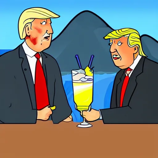 Image similar to cartoon drawing of Biden and Trump together drinking a lemon drink with Rio de Janeiro mountains on the background