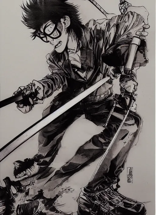 Image similar to travis touchdown swinging a beam katana, by takehiko inoue and kim jung gi, masterpiece ink illustration