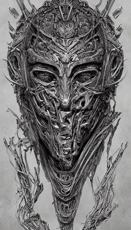 Prompt: ancient biomechanoid hybrid slavic multifaced god armored head fantasy beautiful human witch face mask tattoo pattern concept, glagolitic glyph, intricate artwork by, Johnatan Wayshak, Zdizslaw Beksinski, Artgerm, H.R. Giger, very coherent artwork, cinematic, hyper realism, high detail, octane render, unreal engine, 8k, High contrast, higly detailed black ink outline, crosshatch sketch gradient