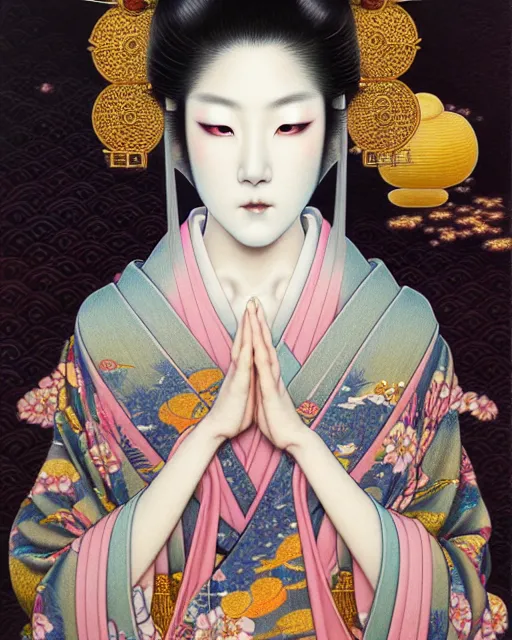 Prompt: portrait of a beautiful japanese goddess, enigmatic beauty, esoteric, muted colors, head in focus, fantasy art, ornamental aesthetics intricate, elegant, highly detailed, hyperrealistic painting, artstation, concept art, painterly, sharp focus, illustration, art by chie yoshii