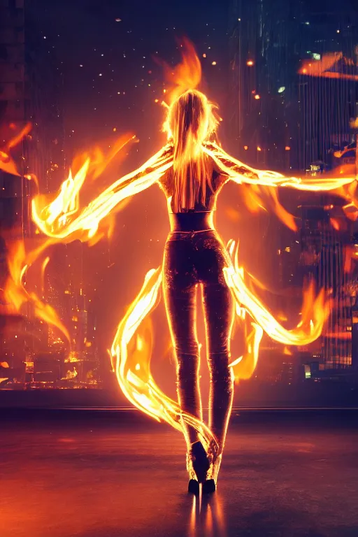 Prompt: young blonde woman from behind with flames dancing on her hands with a long jacket in a cyberpunk city, realistic, high definition, 4K, shimmering color, art of Pixar