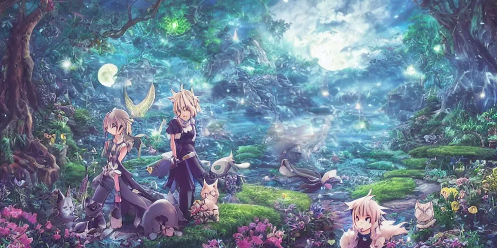 Prompt: final fantasy key visual of a cats anime, in a magical fantasy garden at night, moonlight, fireflies glowing, lofi feel, magical, highly detailed, digital art, artstation, smooth, hard focus, illustration, art by artgerm - in the style of final fantasy and studio ghibli