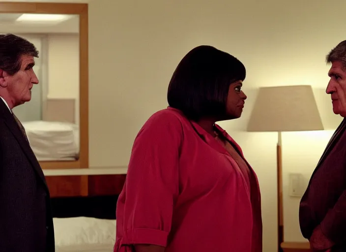 Image similar to cinematic shot of octavia spencer confronts joe manchin in a motel, in the near future, iconic scene from the paranoid thriller sci fi film directed by stanley kubrick, color theory, apartment design, leading lines, photorealistic, volumetric lighting, shot on color kodak stock