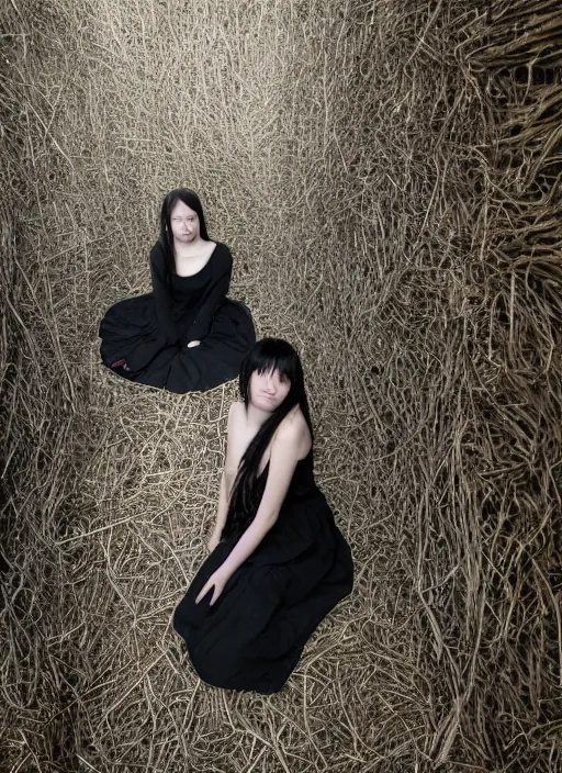 Image similar to a 1 4 year old girl with straight long black hair wearing black dress that sitting on bathroom floor, photo by patrick dougherty