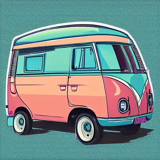 Image similar to retro painting illustration of a volswagen van, 2 d, pastel color, retro style art, trendy on artstation