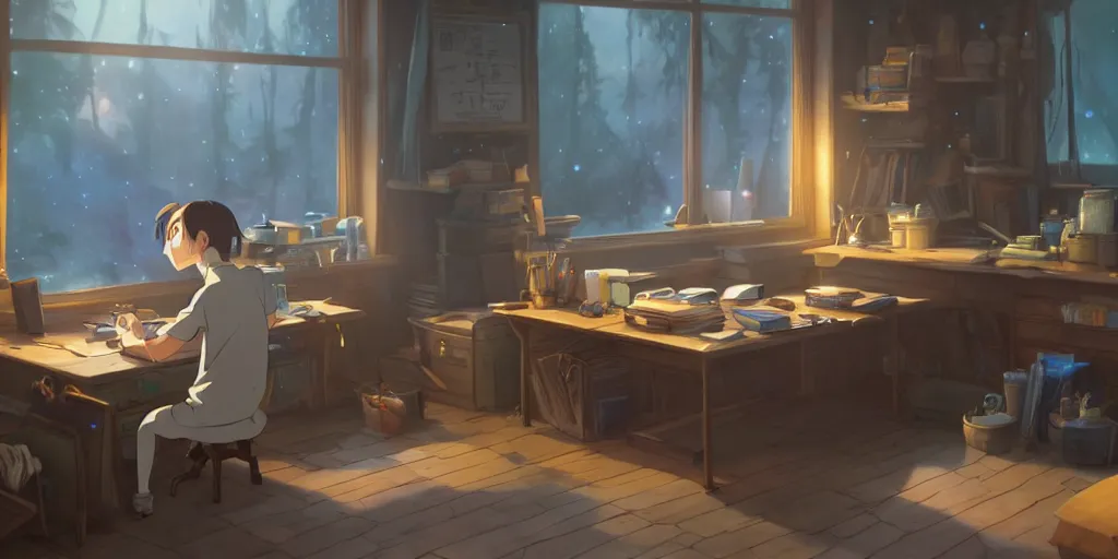 Image similar to a wizard with brown hair is standing at his desk working with jars of liquids, beakers of bubbling potions, coherent, medium shot, waist up, studio ghibli, pixar and disney animation, sharp, rendered in unreal engine 5, anime key art by greg rutkowski, bloom, dramatic lighting