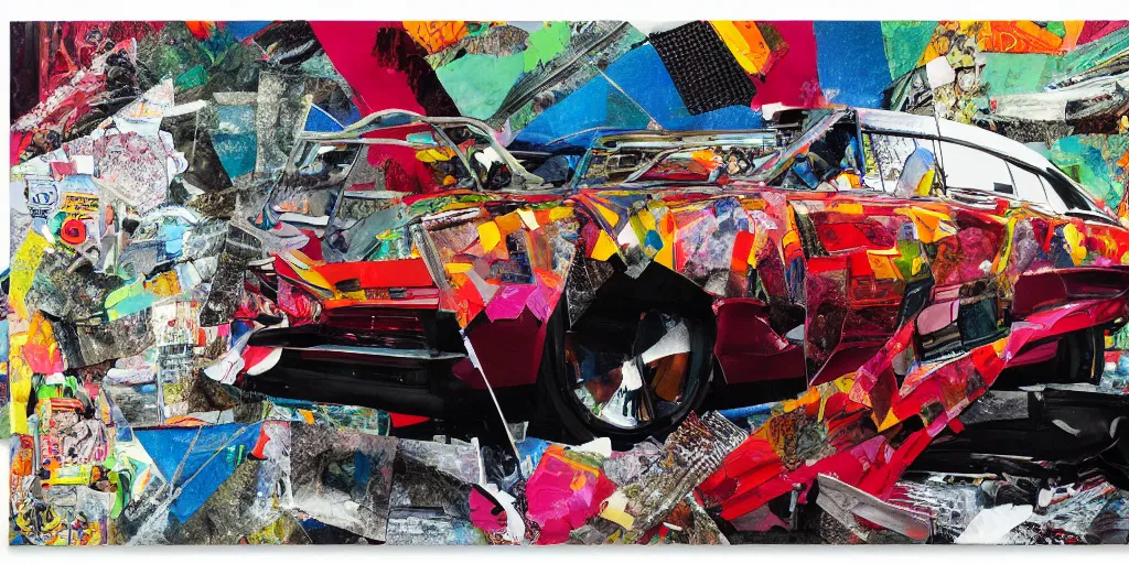 Image similar to lowrider crash test, collage paper and tape, acrylic on canvas, hyperrealism mixed with expressionism, high resolution, cinematic, unreal 6 breathtaking detailed, by blake neubert, by matt sesow