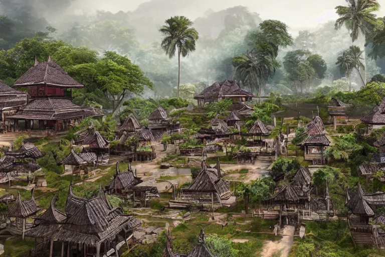 Prompt: a hyperrealistic fantasy illustration of ancient Javanese village. Trending on ArtStation. In the style of Jason Chan and Tuomas Korpi.