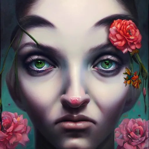 Image similar to her eyes reflect the source code of my soul, oil on canvas portrait by james jean and esao andrews