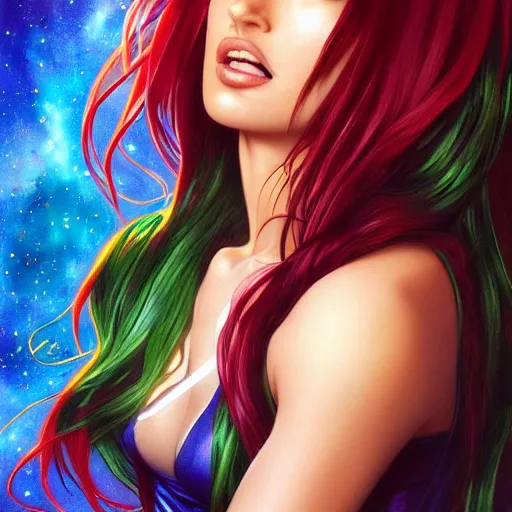 Image similar to ultra realistic illustration, bella thorne as megan fox as starfire anime with glowing green eyes, intricate, elegant, highly detailed, digital painting, artstation, concept art, smooth, sharp focus, illustration, art by artgerm and greg rutkowski and alphonse mucha