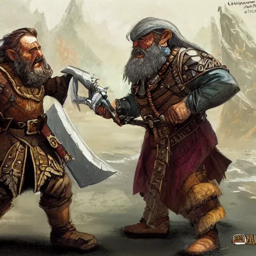 Prompt: DnD dwarves in gladitorial duel. Concept art by james gurney.