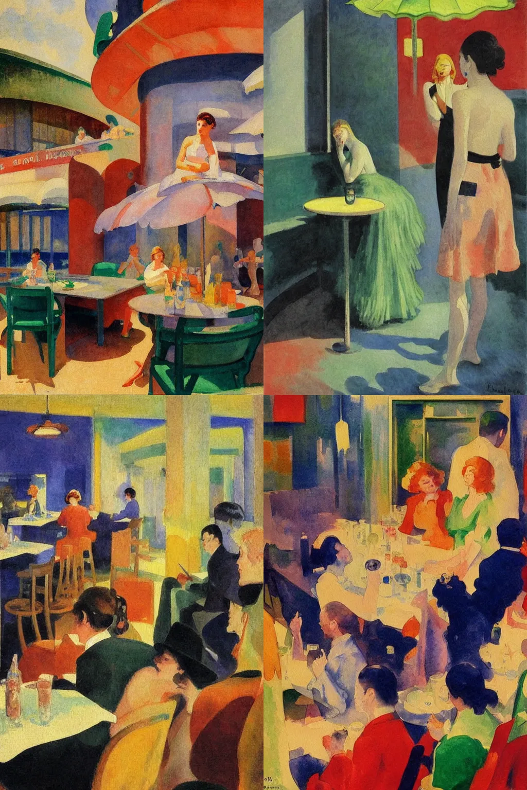 Prompt: impressionist watercolor painting by Claude Monet, surrealist tavern of the ancient gods by Edward Hopper, by Dean Ellis, by Sonia Delaunay, by Jean Giraud, 1942, fisheye lens