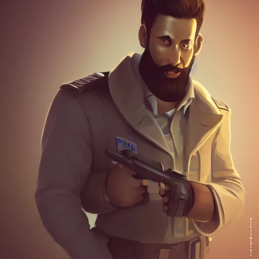 Prompt: character design policeman, concept art character, very high angle view, one arm of the robot body, book cover, very attractive man with beard, walking in cyberpunk valley highly detailed full body, strong masculine features, sturdy body, command presence, policeman!!, royalty, smooth, sharp focus, organic, appealing, deep shadows