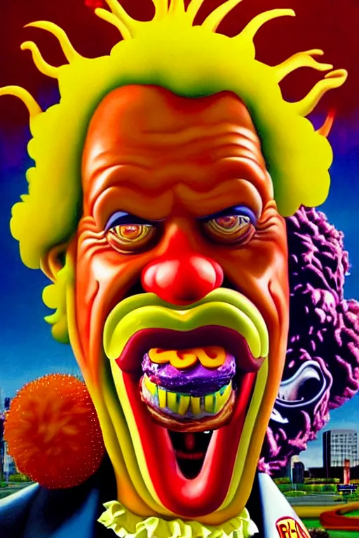 Prompt: a hyperrealistic painting of an epic boss fight ronald mcdonald vs burger king cinematic horror by chris cunningham, lisa frank, richard corben, highly detailed, vivid color,