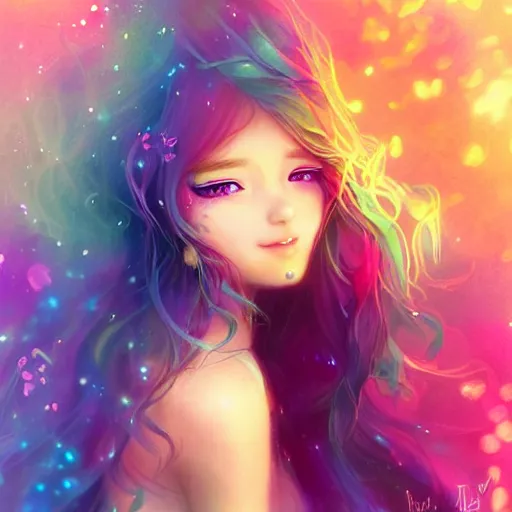 Image similar to lively and lovely girls, angelic face, colorful and flowing hair, colorful eyes, smiling innocently and cutely, colorful light effects, clean and fresh, ethereal, macro, uplight, lush, radiant, detailed, fantasy style, by ross tran, kazuki tanahashi