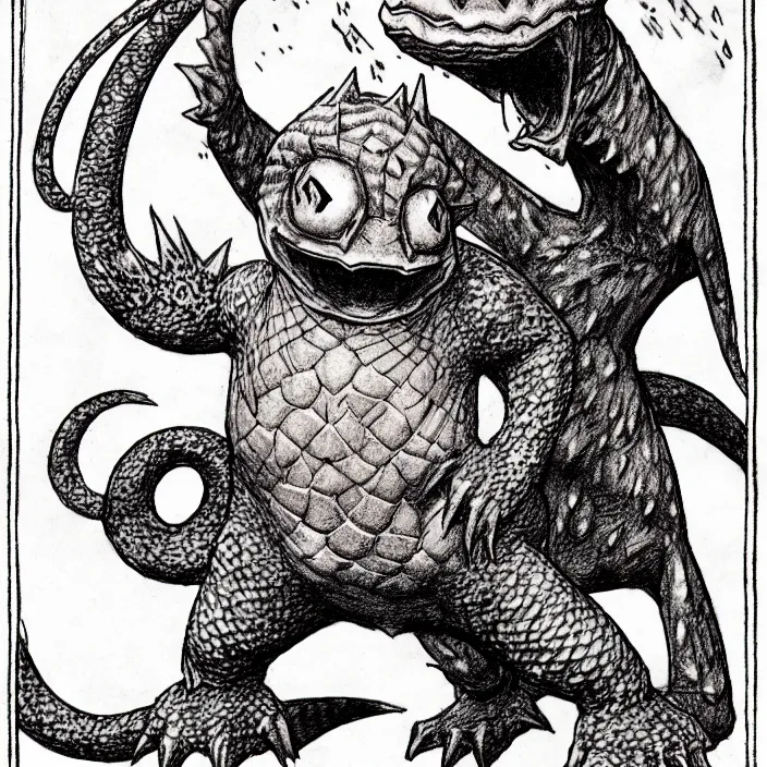 Image similar to charmander as a d & d monster, full body, pen - and - ink illustration, etching, by russ nicholson, david a trampier, larry elmore, 1 9 8 1, hq scan, intricate details, inside stylized border