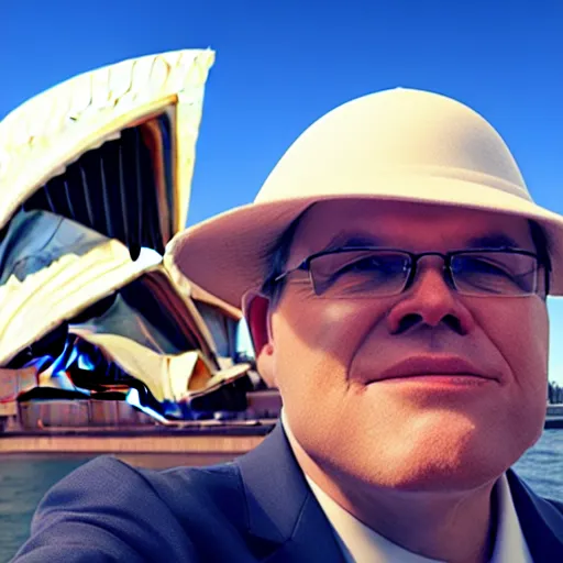 Prompt: Prime Minister Scott Morrison selfie by the Sydney Opera House, cinematic, hyper realism, high detail, vivid colors, octane render, unreal engine, 8k