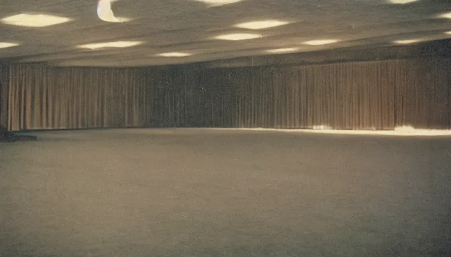 Image similar to 70s movie still of a man with superthin head in an empty soviet ballroom, eastmancolor, heavy grain, high quality, higly detailed, liminal space