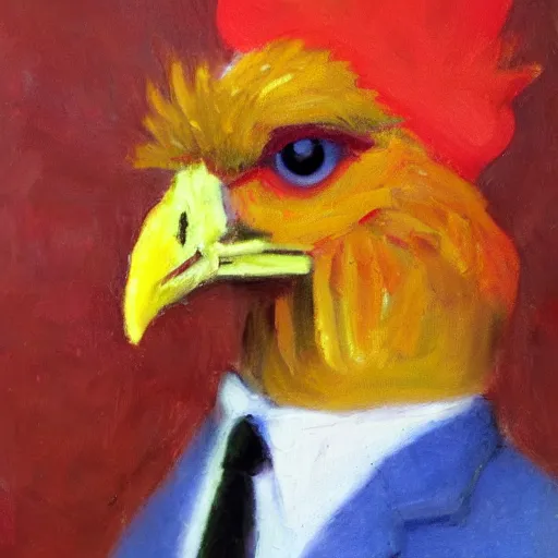 Image similar to a high quality photo of a chicken wearing a suit, impressionism, 8 k