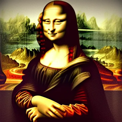 Image similar to mona lisa using a computer in a modern room, realistic, average lighting