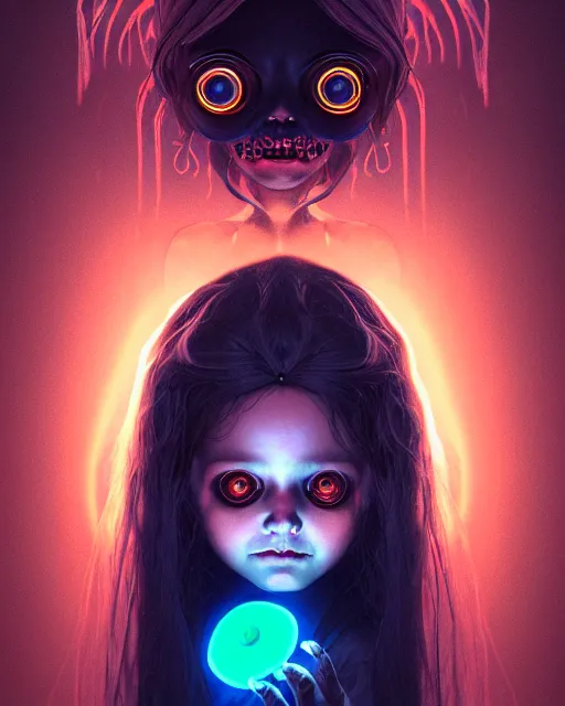 Prompt: one singular portrait of a bioluminescent spooky child doll with big glowing eyes, highly detailed, digital painting, cinematic, hyper realism, dark retrowave, art by Stanley Lau and Artgerm and magali villeneuve and Alphonse Mucha, artstation, octane render, cgsociety