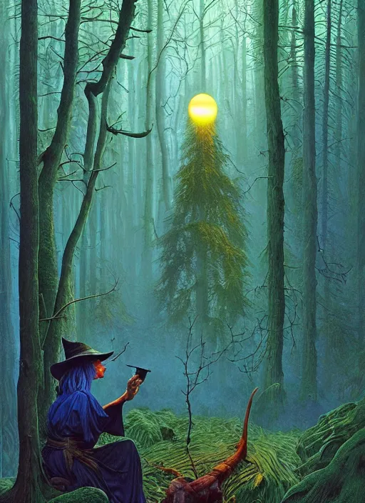 Image similar to hyper realistic witch modem with mood lighting and tech in the woods gorgeous lighting, blue sky, highly detailed, lush forest foliage painting by zdzisław beksinski and norman rockwell and greg rutkowskiweta studio, and lucasfilm