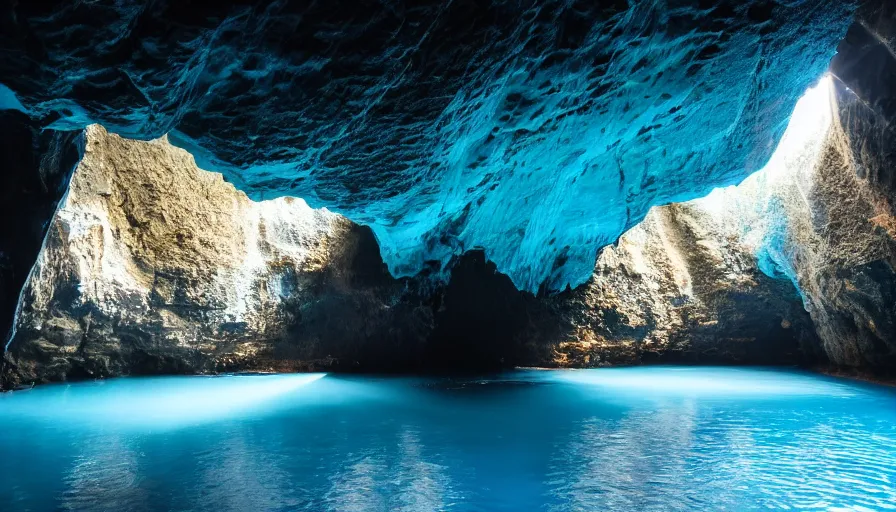 Image similar to Blue cave during the day, blue water, reflections ,god rays, incredible lighting, 4k photography award winning,