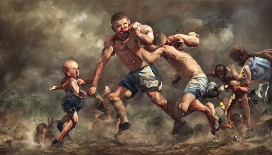 Image similar to photo - realistic painting of giant man - babies battling