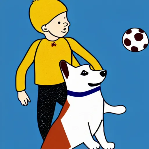 Prompt: illustration of french boy playing football with a corgi wearing a polkadot scarf in front of the eiffel tower