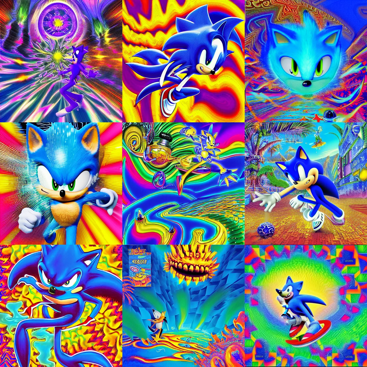 Prompt: surreal, sonic, sharp, deepdream detailed professional, high quality airbrush art MGMT album cover of a liquid dissolving LSD DMT blue sonic the hedgehog surfing through cyberspace, tropical ocean, purple checkerboard background, 1980s 1985 arcade video game album cover